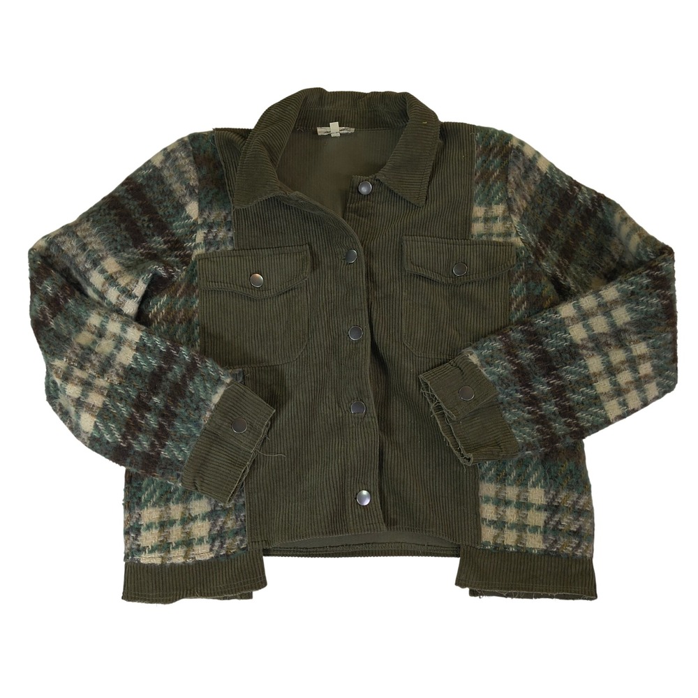Mystree Womens Olive Green Corduroy Plaid Mixed Media Shacket Jacket Size M